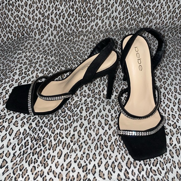 Bebe Black High Heel Suede Sandal Open Toe Bejeweled Rhinestone Bling Strap NWOT - Picture 9 of 12
